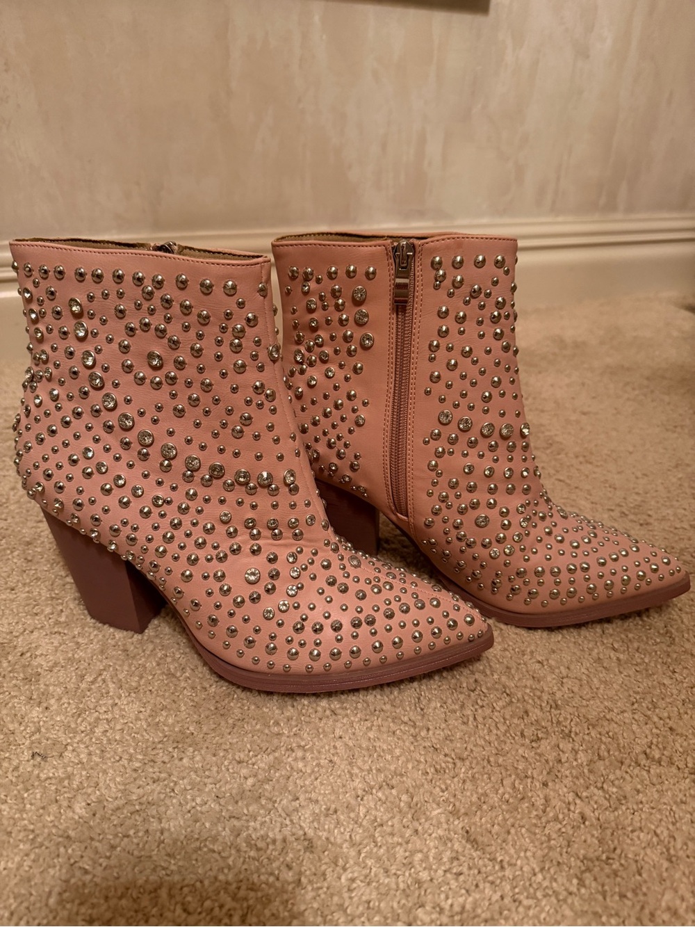 Studded Pink Block-Heel Ankle Boots for Women